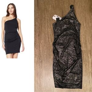 Textured gold and black ruched one shoulder dress